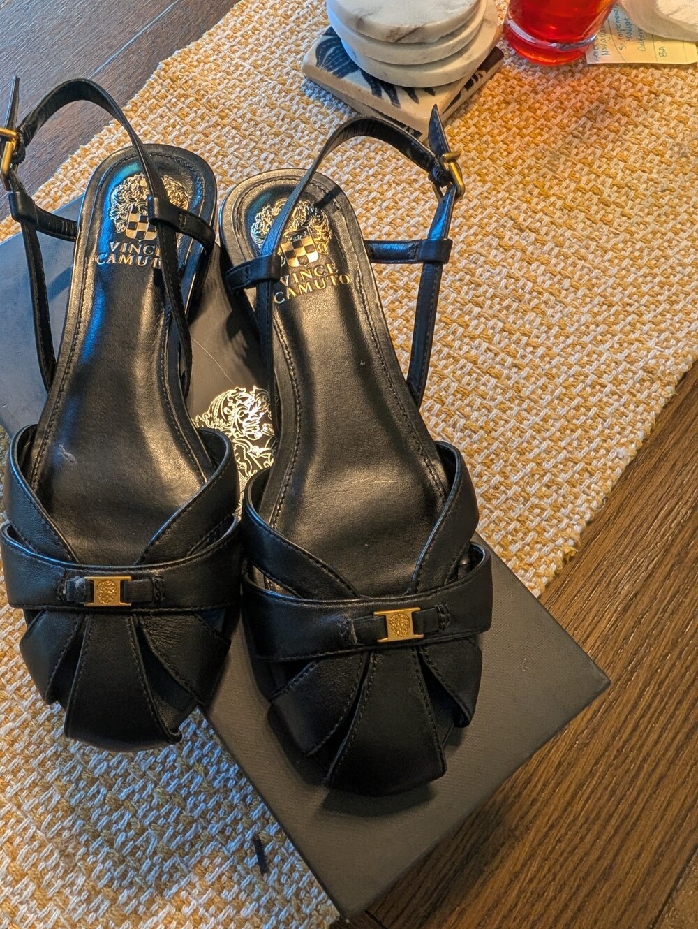 Vince Camuto Black Leather Bow Slingback Sandals